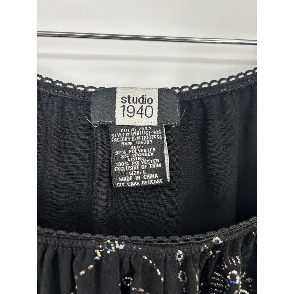 Studio 1940 Blouse Ruched Embellished Rhinestone Stretch Top Black‎ Size Large